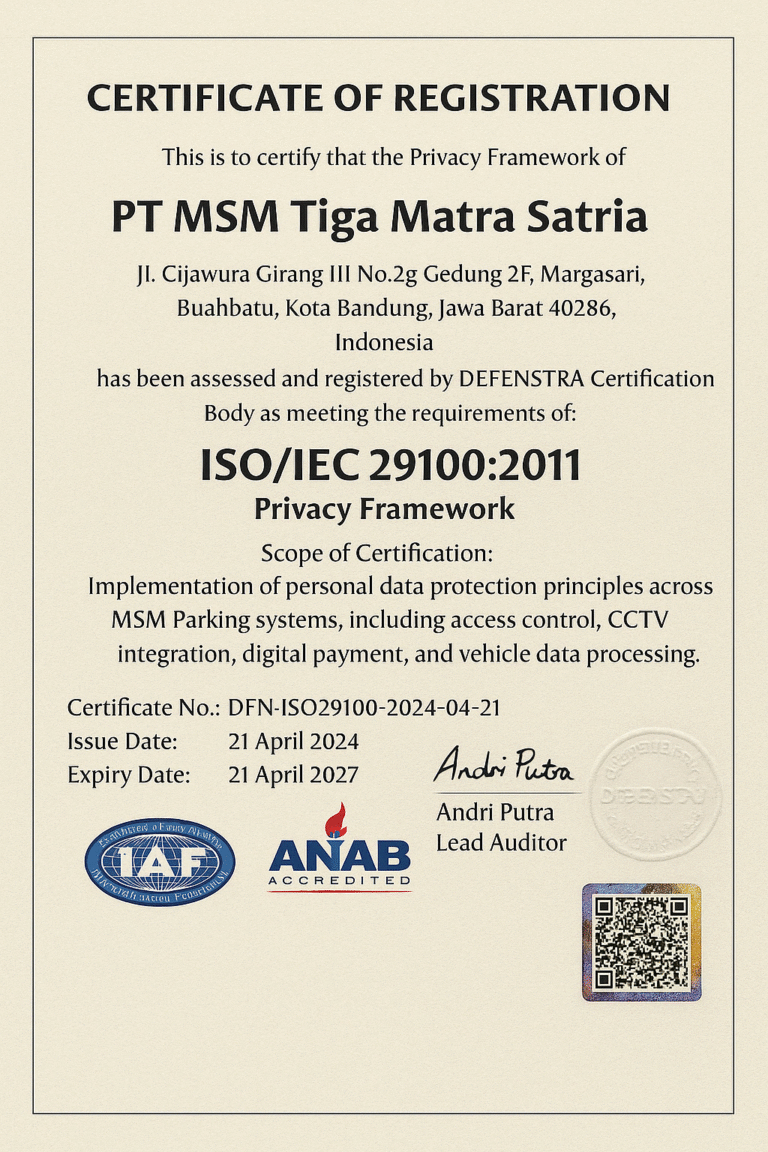 Sertifikat Pendaftaran PT MSM Tiga Matra Satria