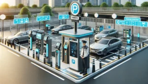 dall·e 2024 06 09 06.37.59 a modern parking management setup in an urban area. the scene includes a well lit parking lot with several parked cars, a security booth with a guard,