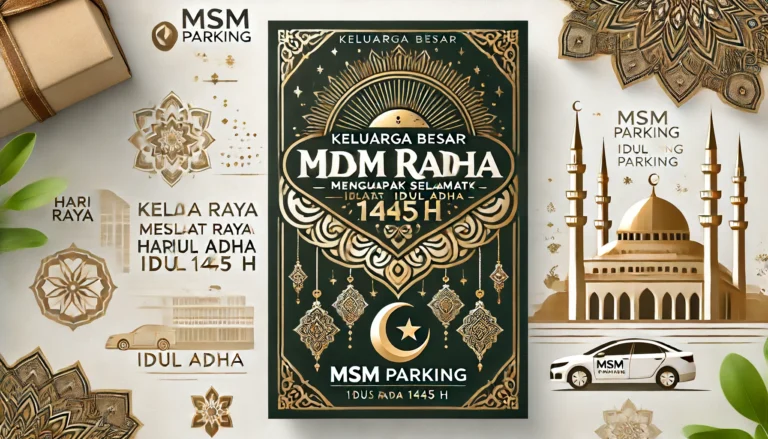 dall·e 2024 06 17 05.47.57 a festive greeting card for hari raya idul adha 1445 h from the msm parking family. the card should feature an elegant design with islamic motifs such