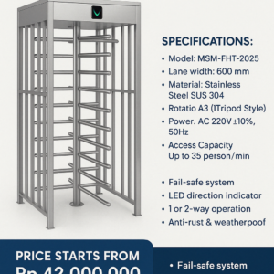 Full Height Tripod Turnstile MSM-FHT3T adalah solusi pengaman entry/exit point dengan desain kokoh full-body stainless steel. Didesain untuk mendukung keamanan tingkat tinggi, gerbang ini bekerja sempurna dengan sistem RFID, QR Code, dan biometrik. Ideal untuk pengaturan akses satu-per-satu tanpa operator.
