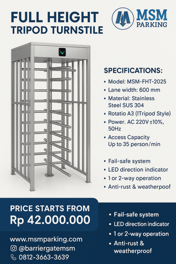 Full Height Tripod Turnstile MSM-FHT3T adalah solusi pengaman entry/exit point dengan desain kokoh full-body stainless steel. Didesain untuk mendukung keamanan tingkat tinggi, gerbang ini bekerja sempurna dengan sistem RFID, QR Code, dan biometrik. Ideal untuk pengaturan akses satu-per-satu tanpa operator.
